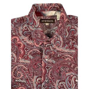 Stetson Paisley Pearl Snap Western Shirt Medium Red 100% Cotton